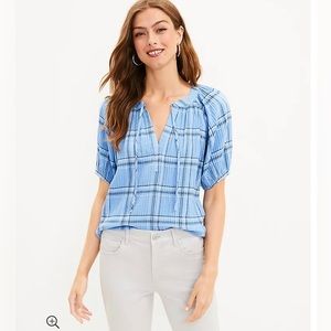 LOFT NWT Women's Plaid Tie Neck Puff Sleeve Top